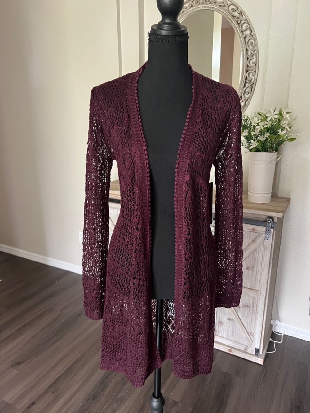 Almost Famous Open-Front Crochet Cardigan - Wine Size medium NWT